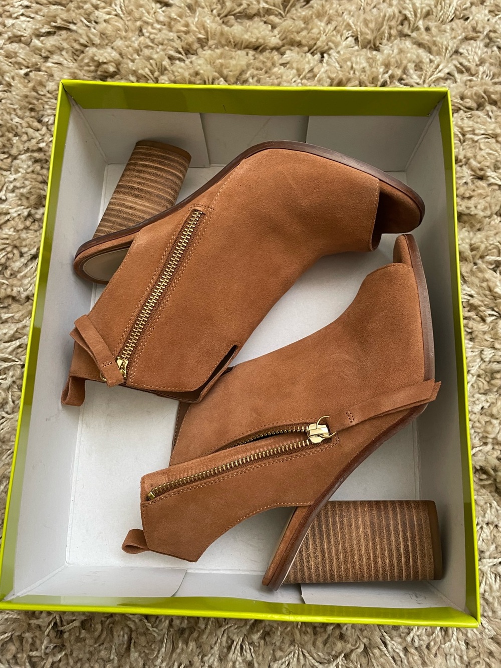 Gianni Bini Suede Open-Toe Zip Block Heel Booties - Cognac
